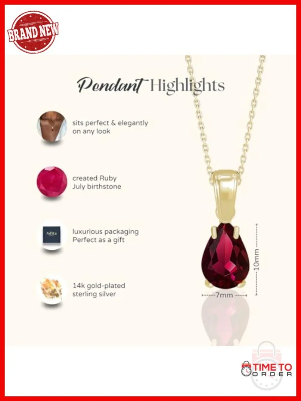 14K Gold Plated Sterling Silver Simulated Ruby Teardrop Pendant Necklace